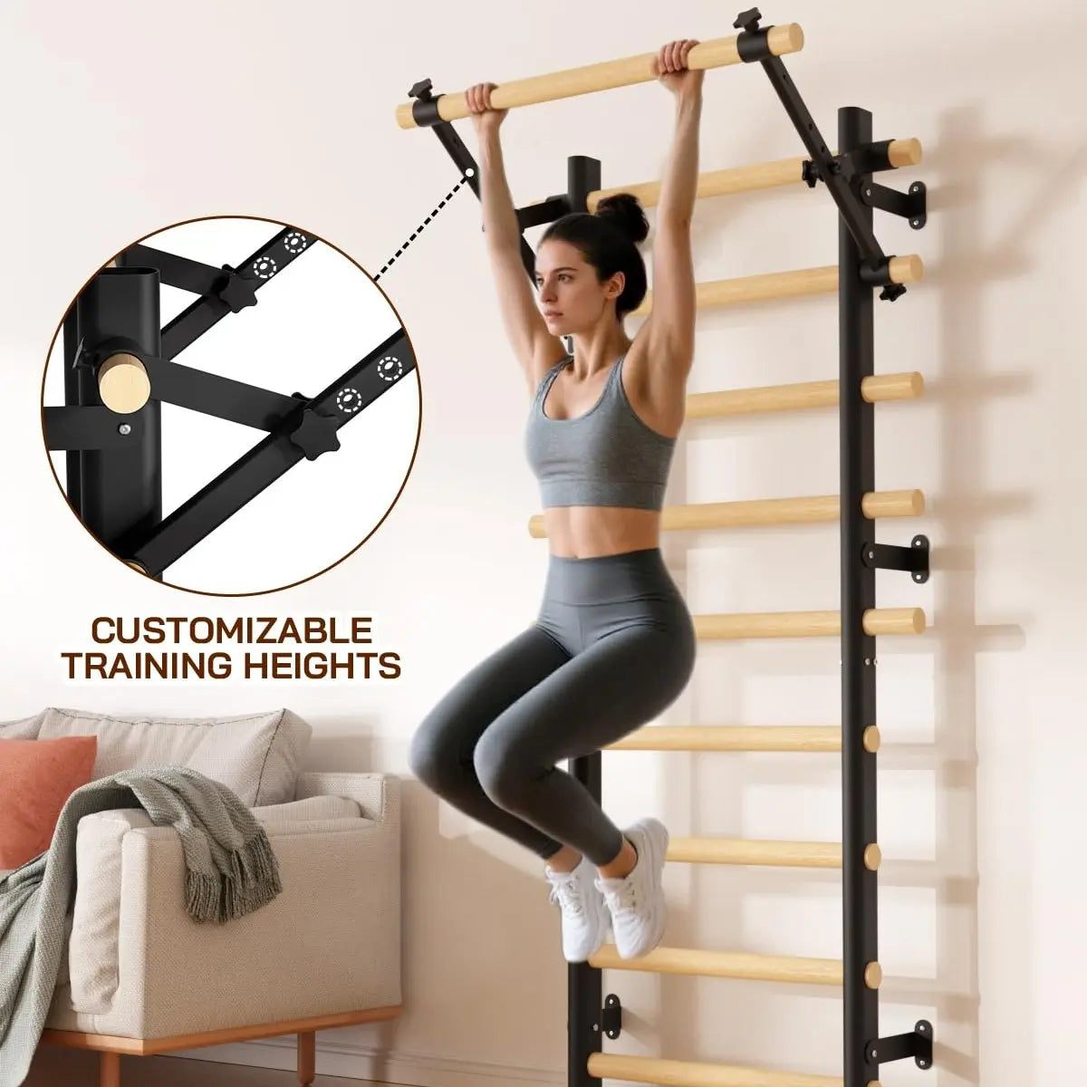 COFIYARD Wooden Swedish Ladder Wall Gym, Wall Mounted Stall Bars with Pull up Bar, Dip Bars & Workout Straps, Full Body Home Fitness Training Equipment