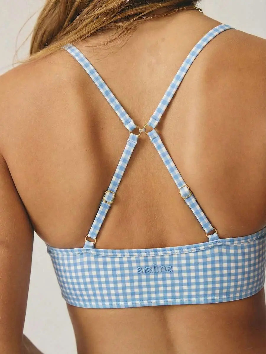 AESS Women'S Leisurewear Plaid Gingham Printed Cropped Cami Top and High Waisted Short Two Pieces Active Gym Workout Set