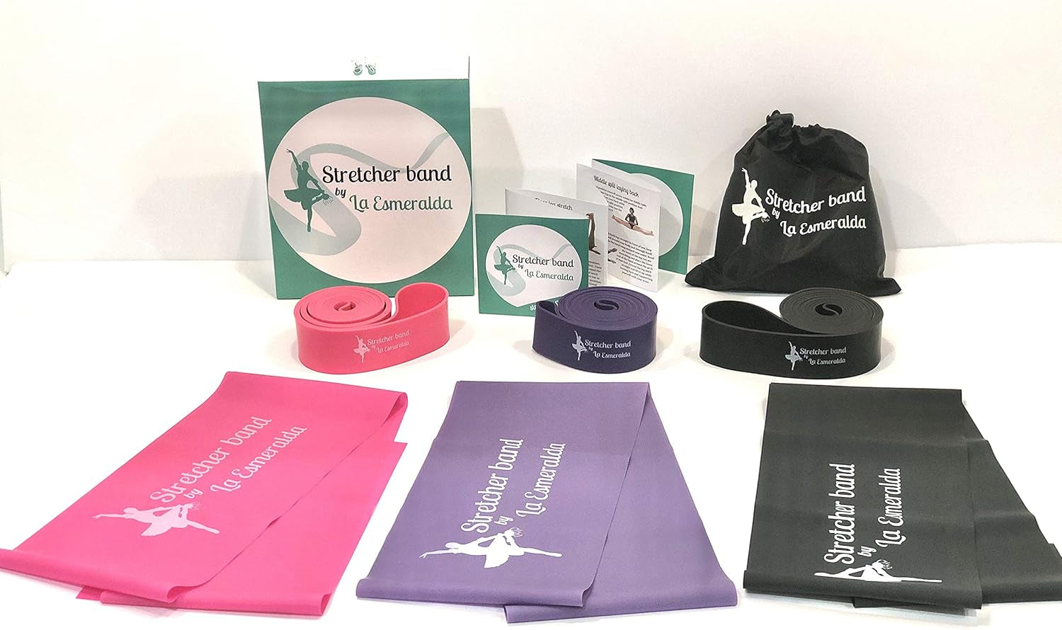 Professional Stretch Bands Set of 2 for Ballet, Dance, and Gymnastics - Resistance Bands to Enhance Flexibility, Splits, and Strength. Includes 3 Colors, Gift Box, Instruction Booklet, and Carry Bag.