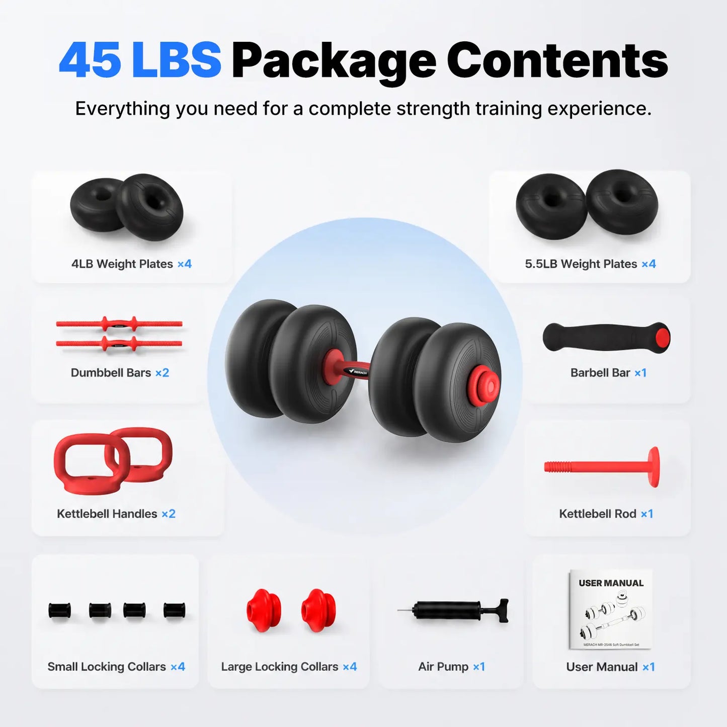 Merach 5-In-1 Dumbbell Set 4-45Lbs Adjustable, Weight Dual Safety Locks and Skin-Safe Surface, Floor-Friendly Design for Home Gym Exercise Training