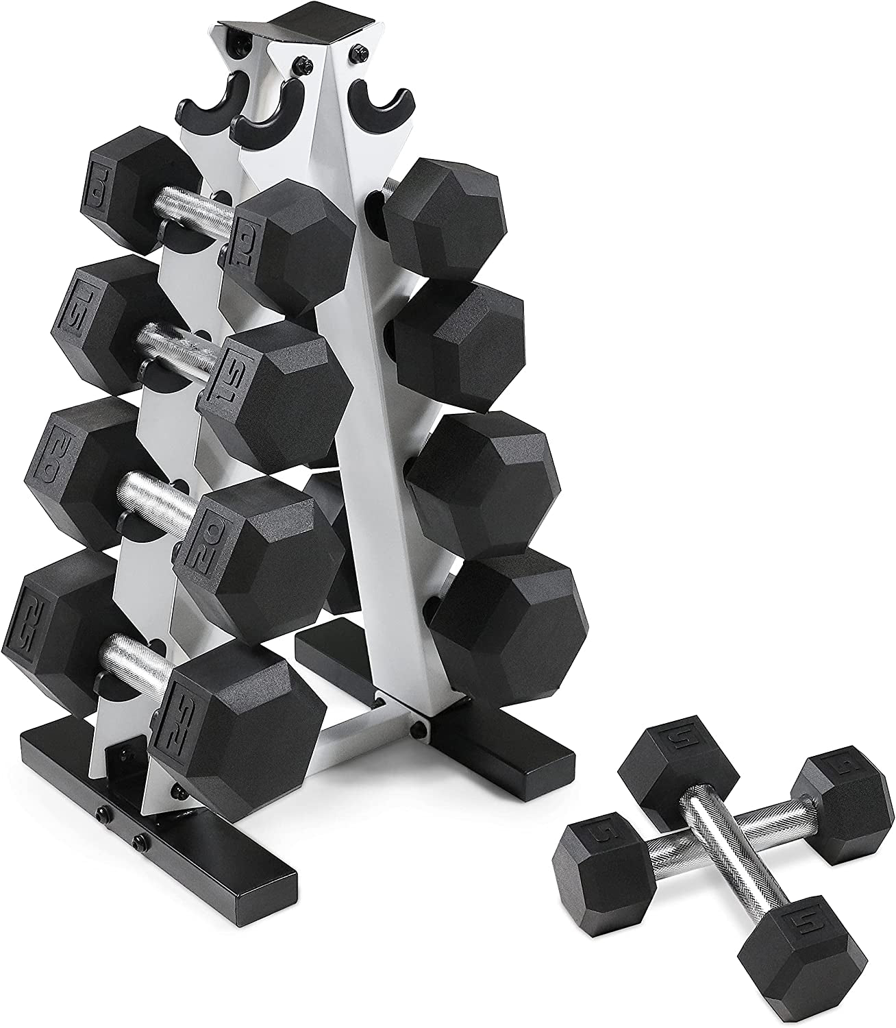 Rubber Coated Hex Dumbbell Set (5-25 lbs) with Storage Rack - Non-Slip Design for Muscle Toning, Strength Training, and Weight Loss - Available in Various Options