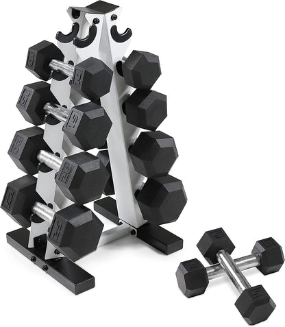 Rubber Coated Hex Dumbbell Set (5-25 lbs) with Storage Rack - Non-Slip Design for Muscle Toning, Strength Training, and Weight Loss - Available in Various Options