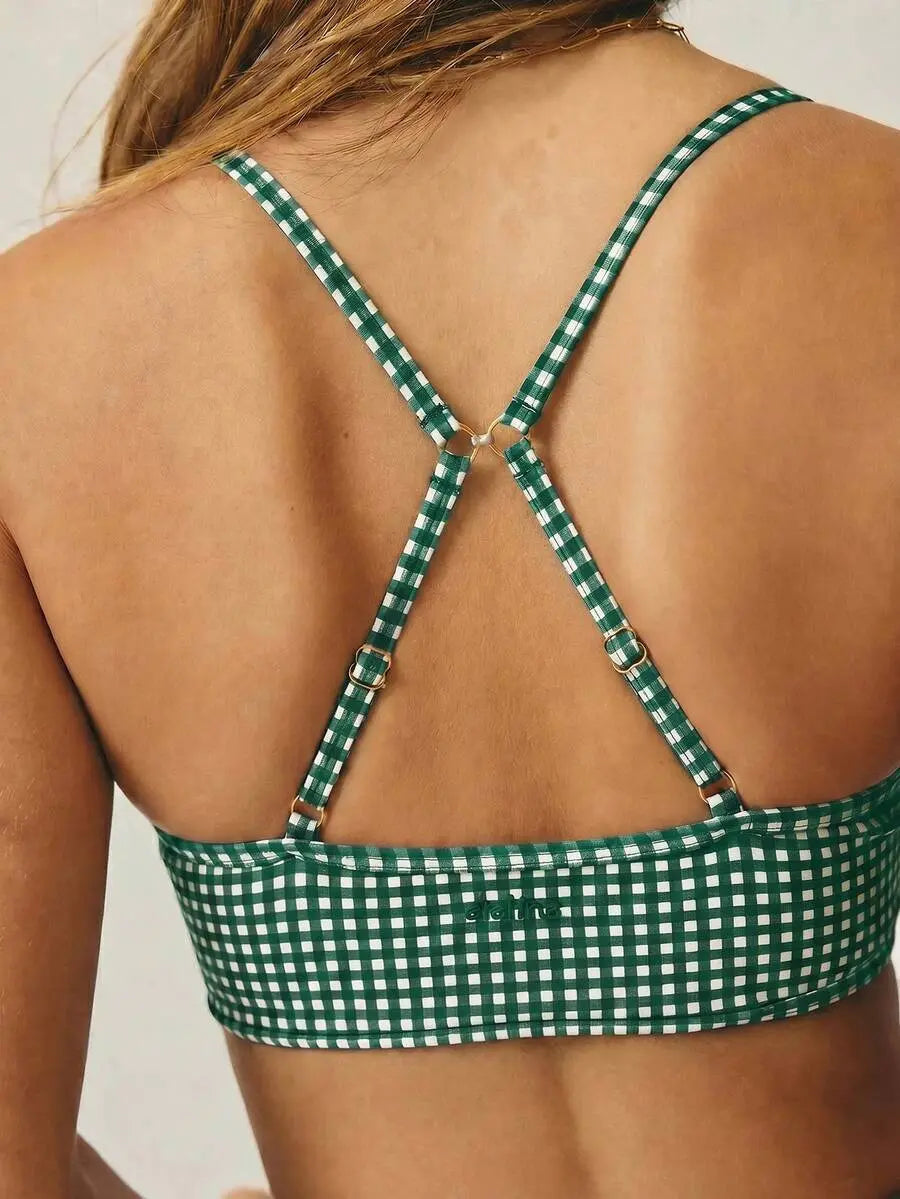 AESS Women'S Leisurewear Plaid Gingham Printed Cropped Cami Top and High Waisted Short Two Pieces Active Gym Workout Set