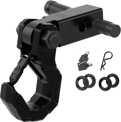 Tow Hook with 2-Inch Hitch Receiver and 10 Ton (22,046 Lbs) Working Load Limit - Quick Connect Off-Road Recovery Hook with Safety Latch and Hitch Lock for 4X4 Trucks and SUVs, Black