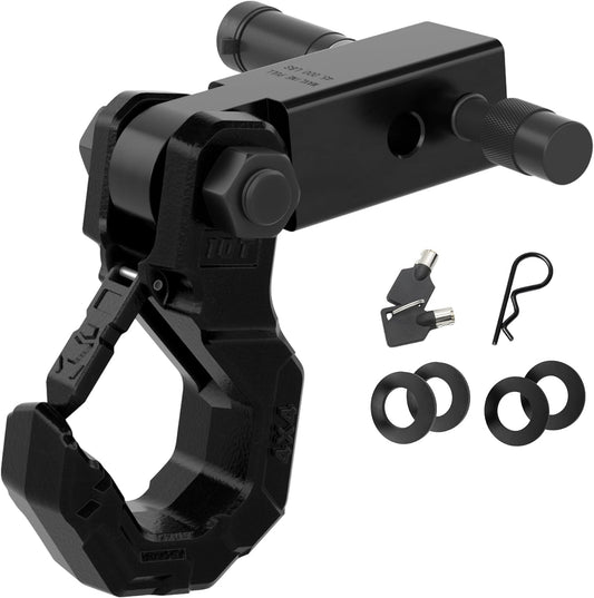 Tow Hook with 2-Inch Hitch Receiver and 10 Ton (22,046 Lbs) Working Load Limit - Quick Connect Off-Road Recovery Hook with Safety Latch and Hitch Lock for 4X4 Trucks and SUVs, Black