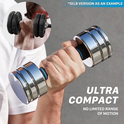 Adjustable Ultracompact Chrome Dumbbells with Foam Handles for Home Gym - Available in 5Lb, 10Lb, 15Lb, 20Lb, 30Lb, and 50Lb