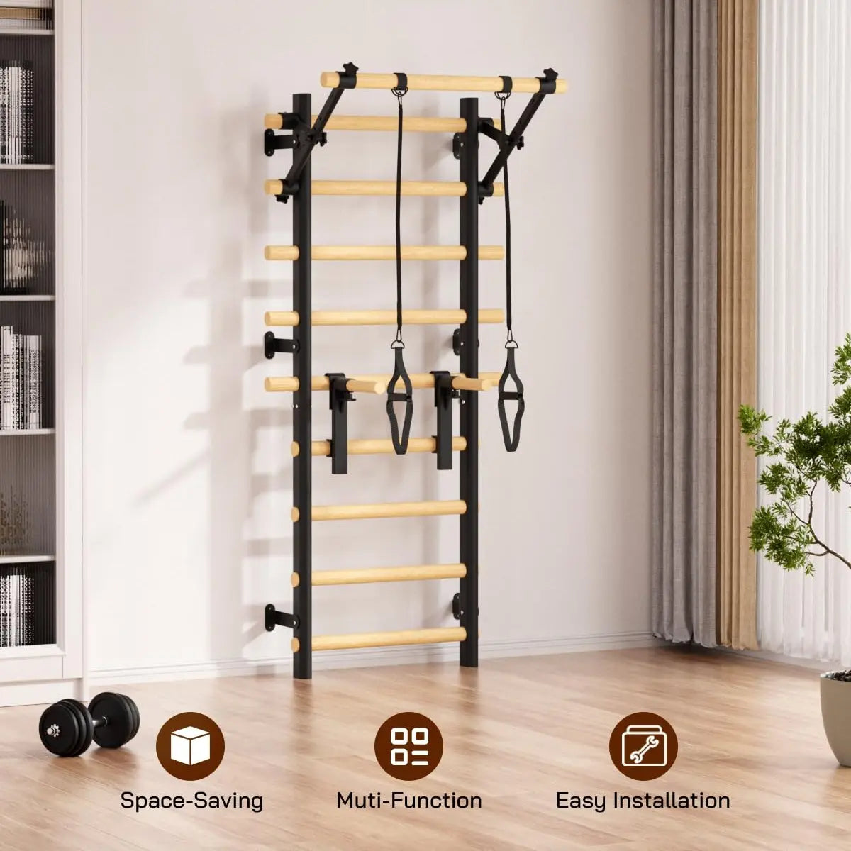 COFIYARD Wooden Swedish Ladder Wall Gym, Wall Mounted Stall Bars with Pull up Bar, Dip Bars & Workout Straps, Full Body Home Fitness Training Equipment