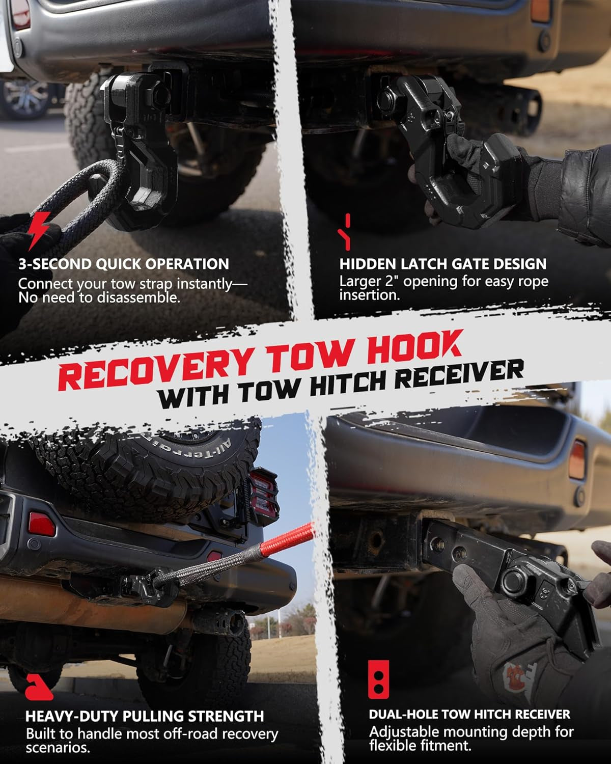 Tow Hook with 2-Inch Hitch Receiver and 10 Ton (22,046 Lbs) Working Load Limit - Quick Connect Off-Road Recovery Hook with Safety Latch and Hitch Lock for 4X4 Trucks and SUVs, Black