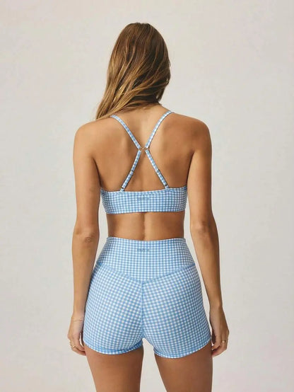 AESS Women'S Leisurewear Plaid Gingham Printed Cropped Cami Top and High Waisted Short Two Pieces Active Gym Workout Set