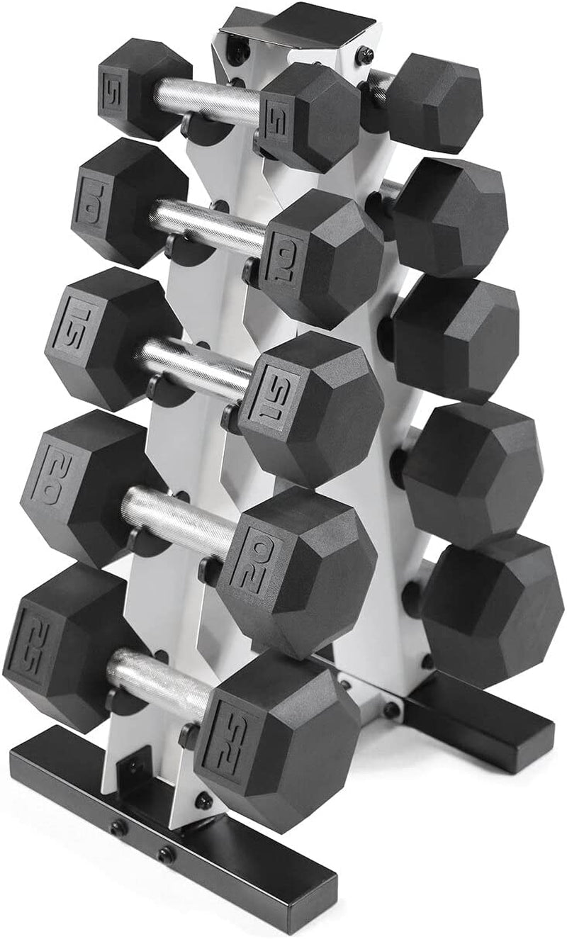 Rubber Coated Hex Dumbbell Set (5-25 lbs) with Storage Rack - Non-Slip Design for Muscle Toning, Strength Training, and Weight Loss - Available in Various Options