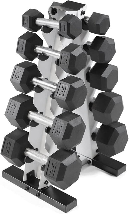 Rubber Coated Hex Dumbbell Set (5-25 lbs) with Storage Rack - Non-Slip Design for Muscle Toning, Strength Training, and Weight Loss - Available in Various Options