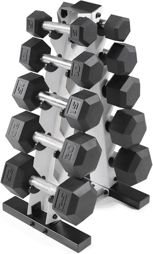 Rubber Coated Hex Dumbbell Set (5-25 lbs) with Storage Rack - Non-Slip Design for Muscle Toning, Strength Training, and Weight Loss - Available in Various Options