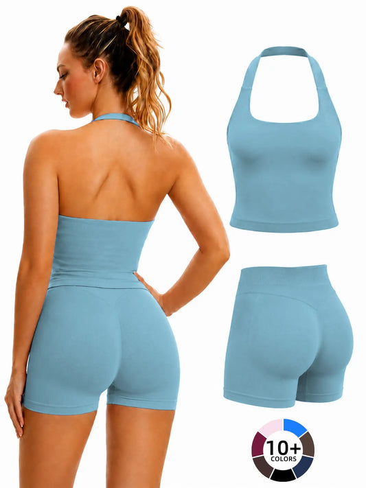 Women'S Yoga 2-Piece Set, Breathable Sporty Halter Top & High-Waisted Seamless Butt-Lift Shorts, Plain Color Athletic Seamless Yoga Outfits