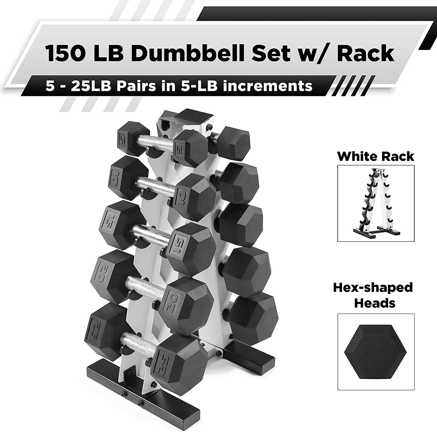 Rubber Coated Hex Dumbbell Set (5-25 lbs) with Storage Rack - Non-Slip Design for Muscle Toning, Strength Training, and Weight Loss - Available in Various Options
