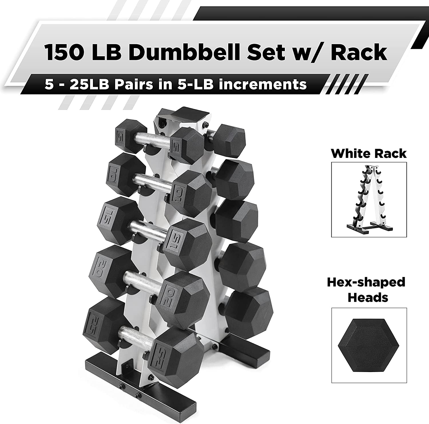 Rubber Coated Hex Dumbbell Set (5-25 lbs) with Storage Rack - Non-Slip Design for Muscle Toning, Strength Training, and Weight Loss - Available in Various Options