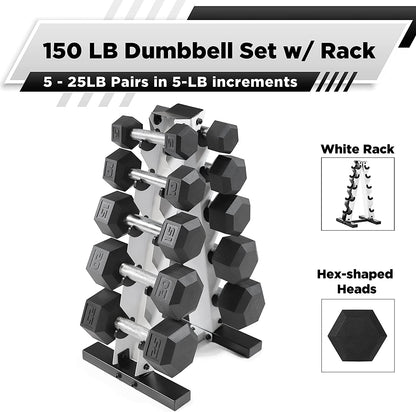 Rubber Coated Hex Dumbbell Set (5-25 lbs) with Storage Rack - Non-Slip Design for Muscle Toning, Strength Training, and Weight Loss - Available in Various Options