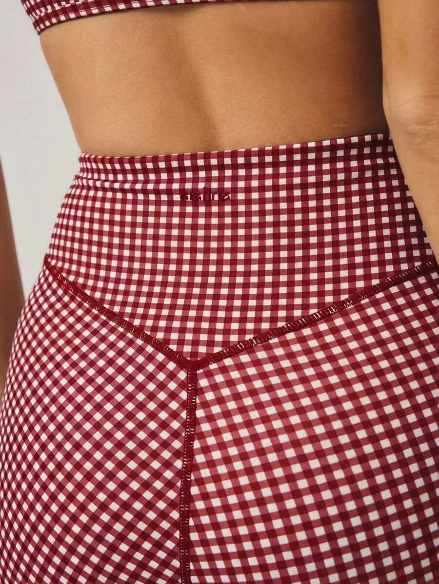 AESS Women'S Leisurewear Plaid Gingham Printed Cropped Cami Top and High Waisted Short Two Pieces Active Gym Workout Set