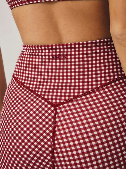 AESS Women'S Leisurewear Plaid Gingham Printed Cropped Cami Top and High Waisted Short Two Pieces Active Gym Workout Set