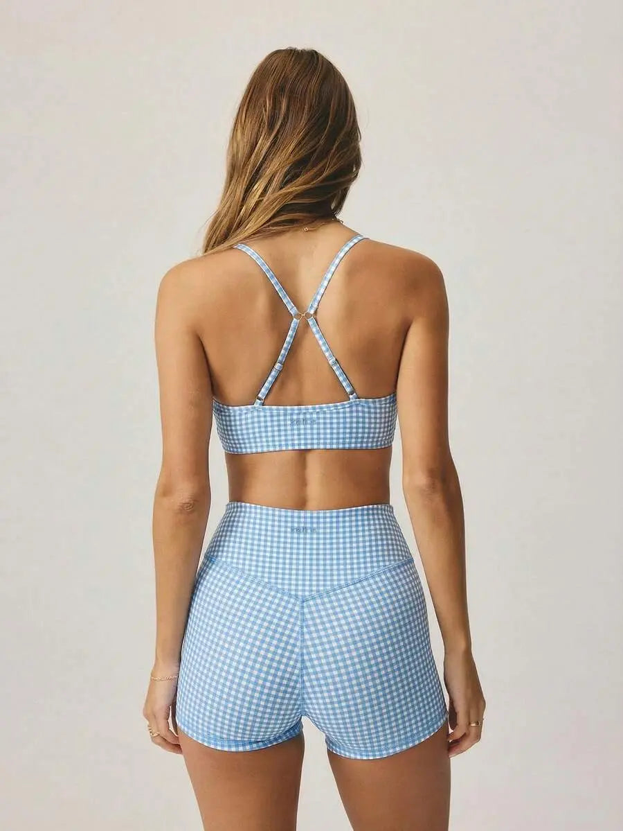 AESS Women'S Leisurewear Plaid Gingham Printed Cropped Cami Top and High Waisted Short Two Pieces Active Gym Workout Set