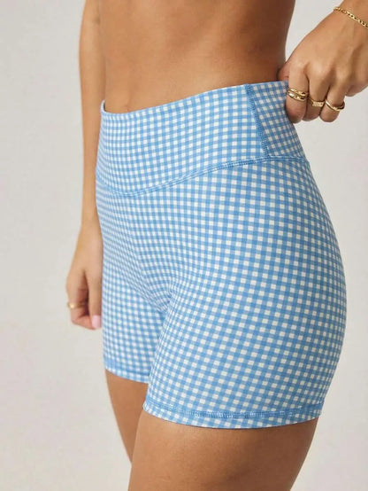AESS Women'S Leisurewear Plaid Gingham Printed Cropped Cami Top and High Waisted Short Two Pieces Active Gym Workout Set