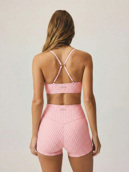 AESS Women'S Leisurewear Plaid Gingham Printed Cropped Cami Top and High Waisted Short Two Pieces Active Gym Workout Set