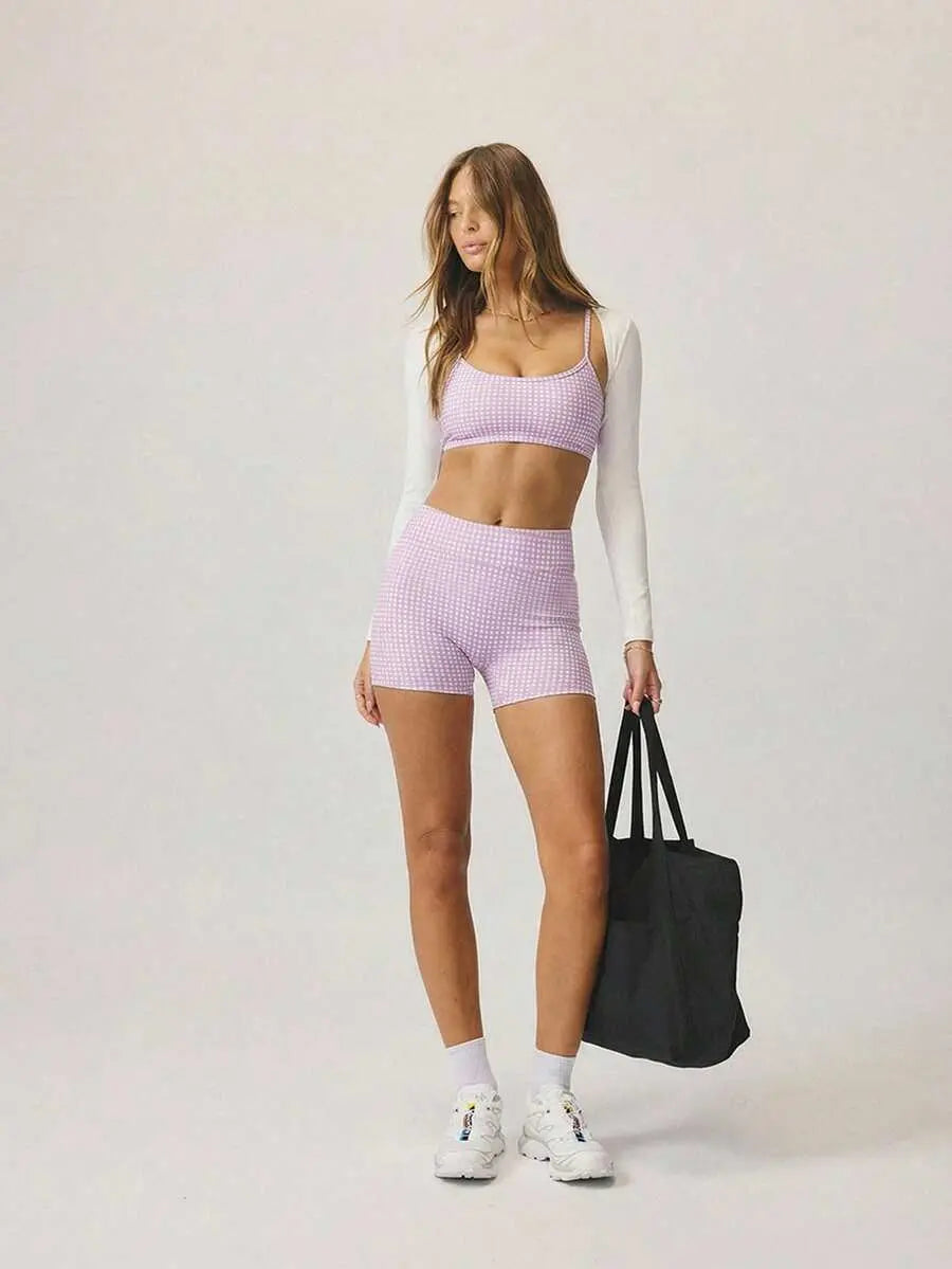 AESS Women'S Leisurewear Plaid Gingham Printed Cropped Cami Top and High Waisted Short Two Pieces Active Gym Workout Set