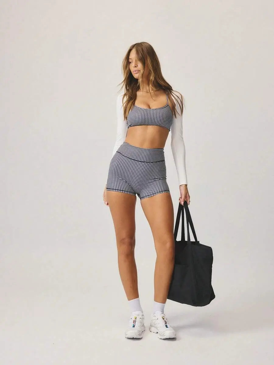 AESS Women'S Leisurewear Plaid Gingham Printed Cropped Cami Top and High Waisted Short Two Pieces Active Gym Workout Set