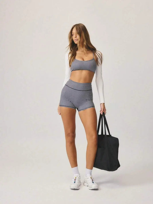 AESS Women'S Leisurewear Plaid Gingham Printed Cropped Cami Top and High Waisted Short Two Pieces Active Gym Workout Set