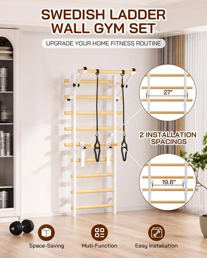 COFIYARD Wooden Swedish Ladder Wall Gym, Wall Mounted Stall Bars with Pull up Bar, Dip Bars & Workout Straps, Full Body Home Fitness Training Equipment