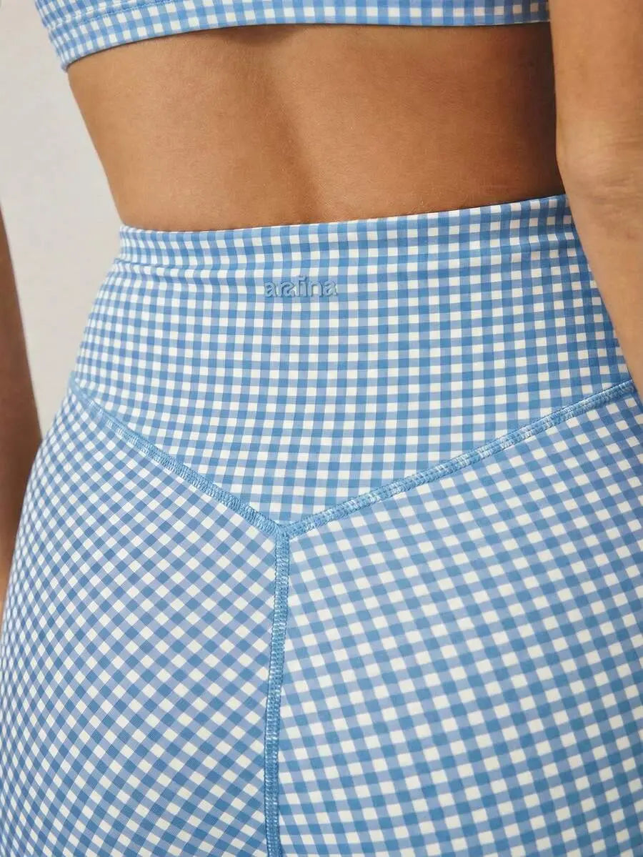 AESS Women'S Leisurewear Plaid Gingham Printed Cropped Cami Top and High Waisted Short Two Pieces Active Gym Workout Set