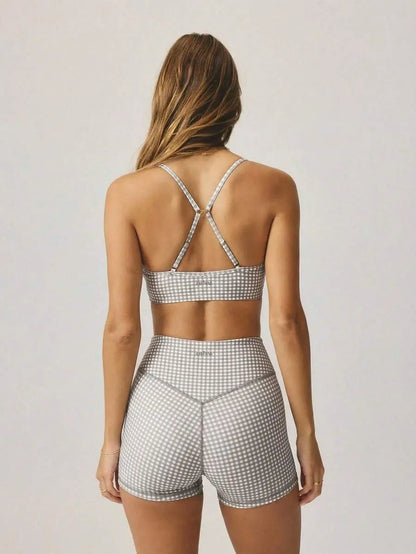 AESS Women'S Leisurewear Plaid Gingham Printed Cropped Cami Top and High Waisted Short Two Pieces Active Gym Workout Set
